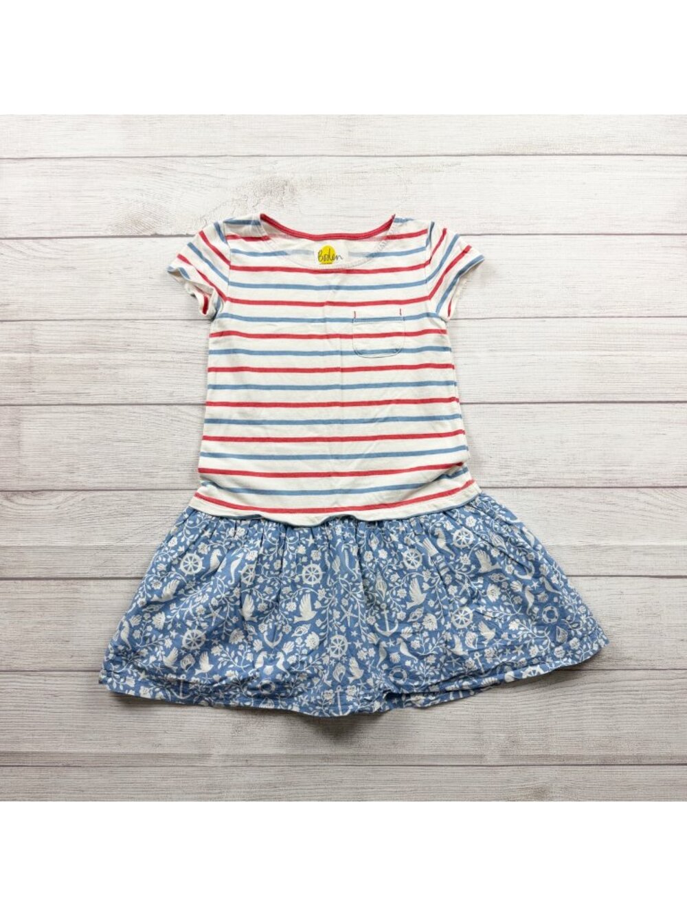 Boden Girls Striped Top Blue Nautical Print Skirt Pocket Dress 6-7